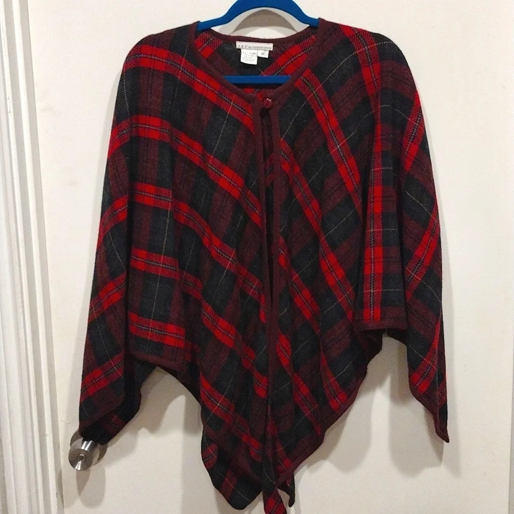 I.K.C. For Country Wear Wool Blend Red Tartan Plaid Cape/Poncho Sz M-Academia